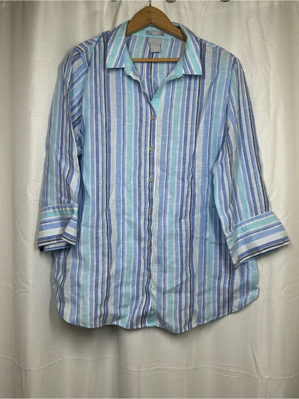 Chico’s Blue Striped Button Down Top Size 2 100% Linen Woman’s Blouse